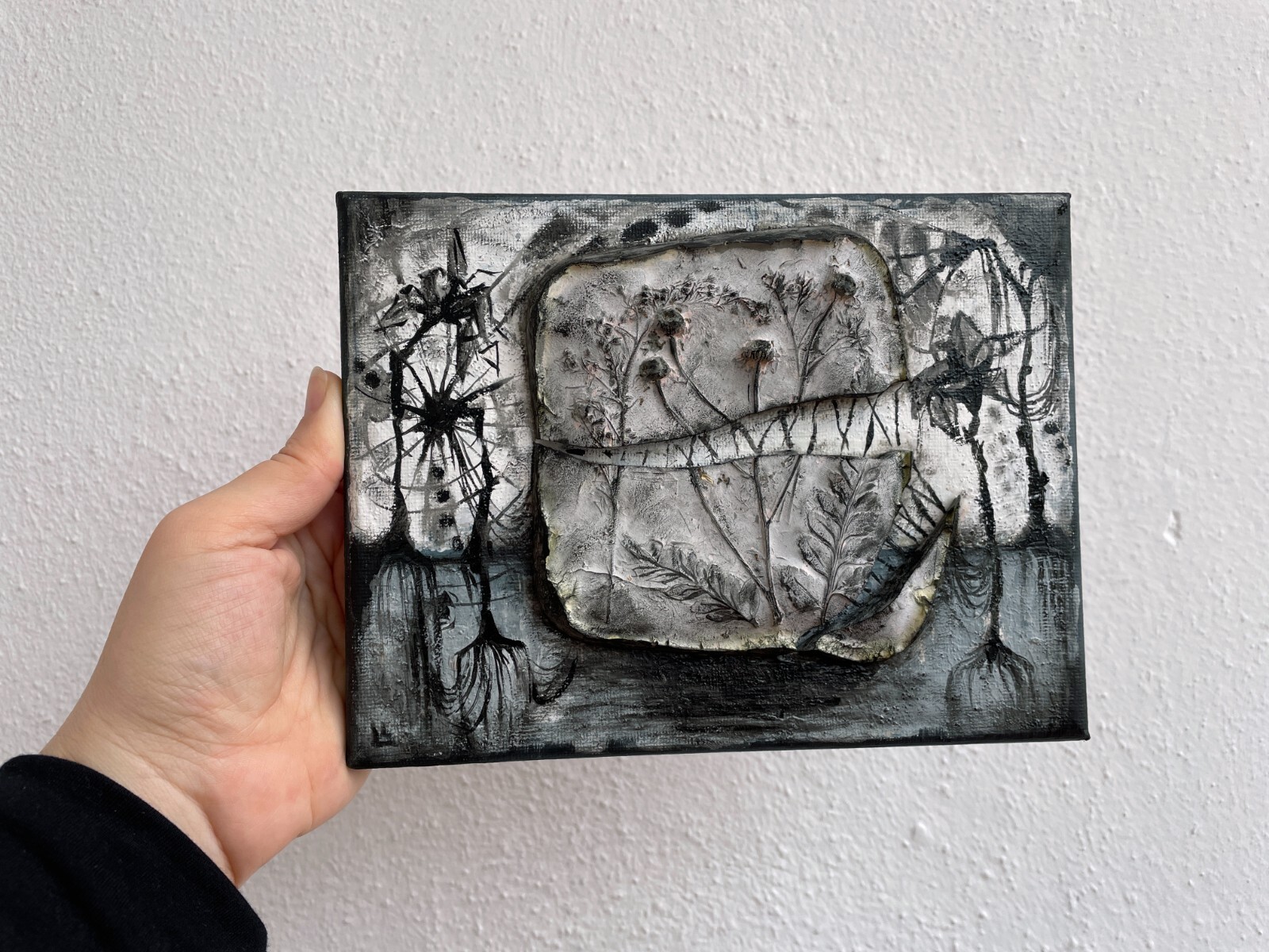 Broken life, conceptual artwork, mixed media painting, interior art, gray black