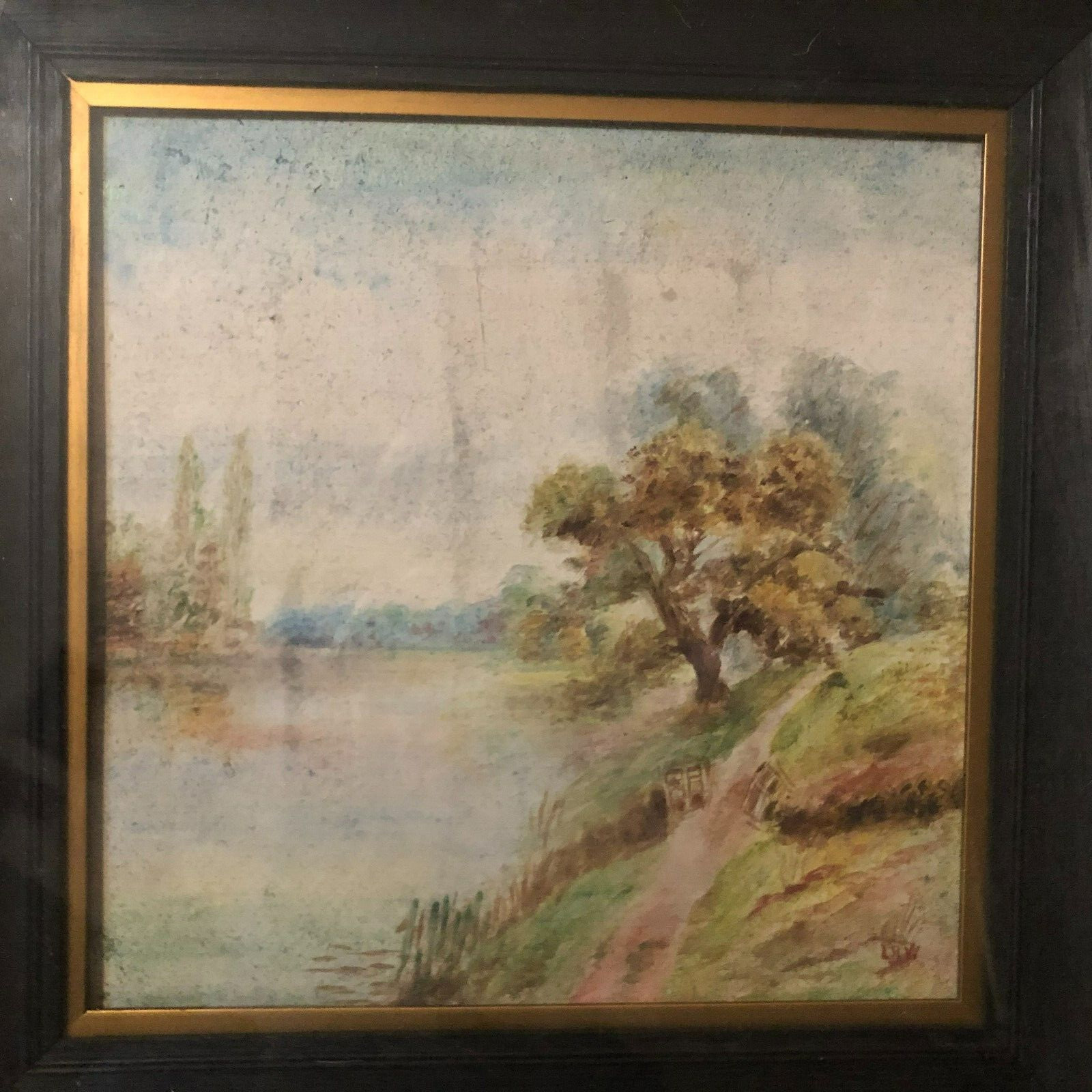 Signed Antique Painting Tree At Water’s Edge