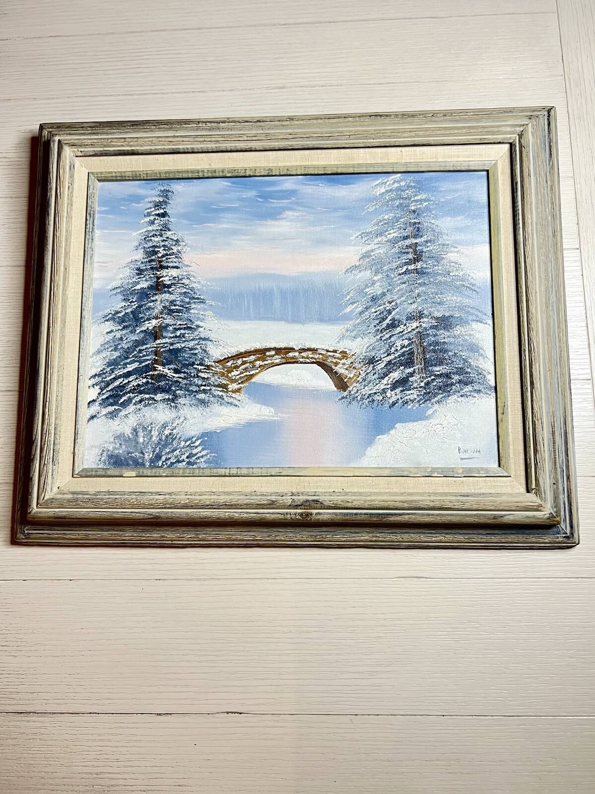 Original Framed Oil Painting “Trees and Bridge” signed by Pinkman 21.5” x 17.5”