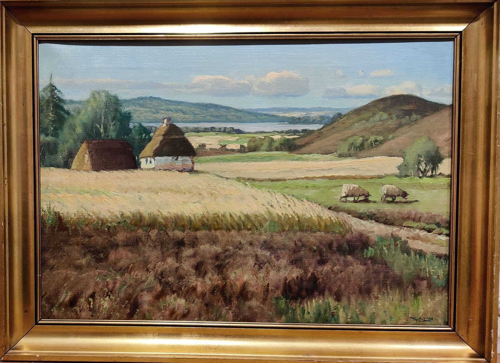 Thorvald Løndal (1891-1957): LANDSCAPE WITH HOUSE AND SHEEP, original oil, 1940