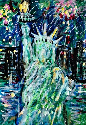 ACEO Original Painting FIREWORKS Summer NY CITY Buildings Statue of Liberty ART