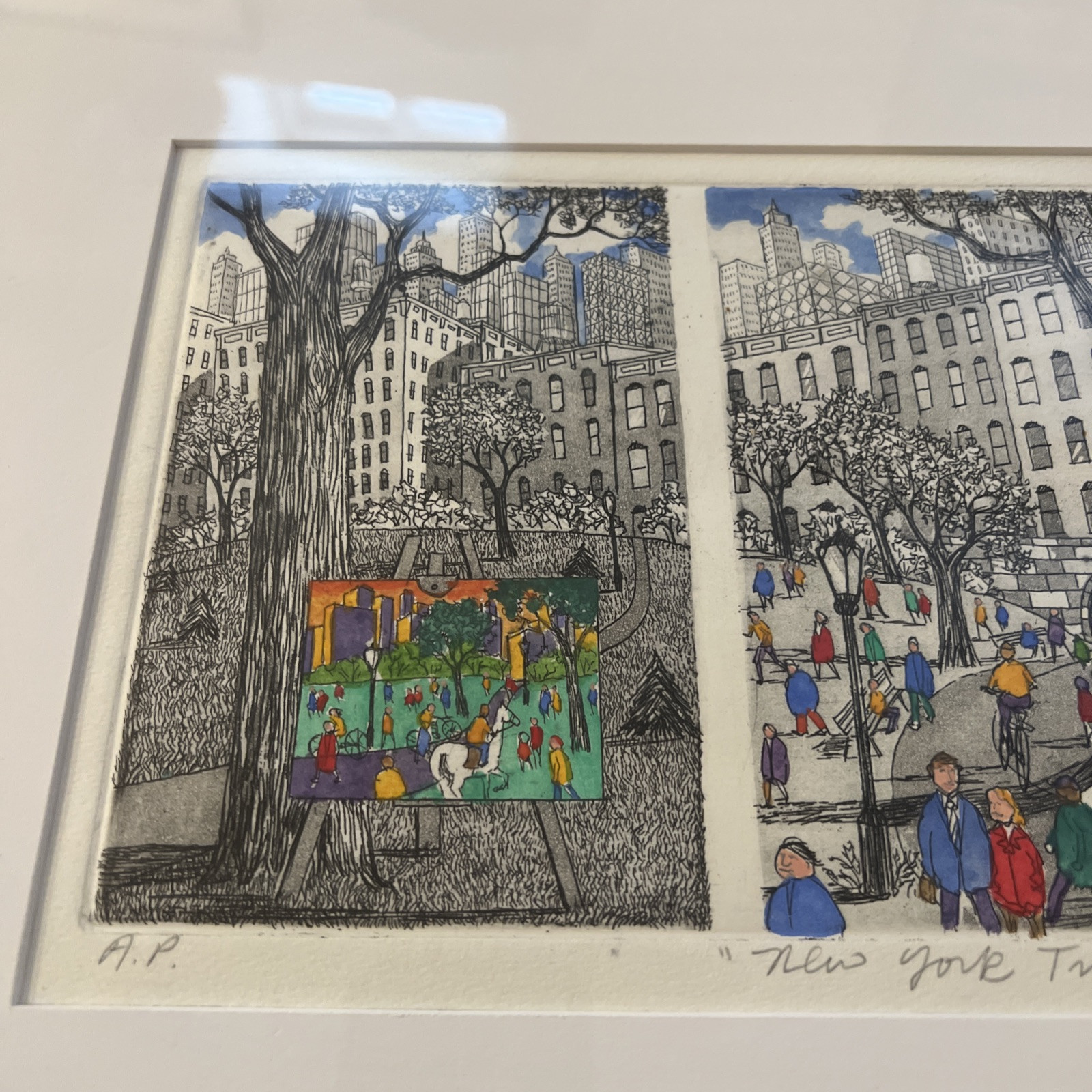 SIGNED JOHN DORISH New York Tryptich NYC Framed Artist Proof Etching 15”x19”