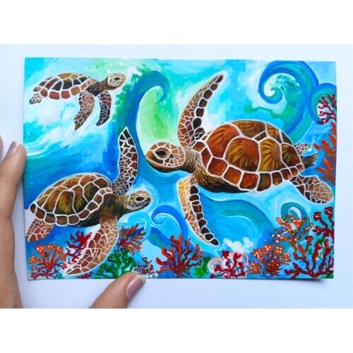 Original See Turtles Animals Nature Medium Art Hand Painting Acrylic NEW OOAK