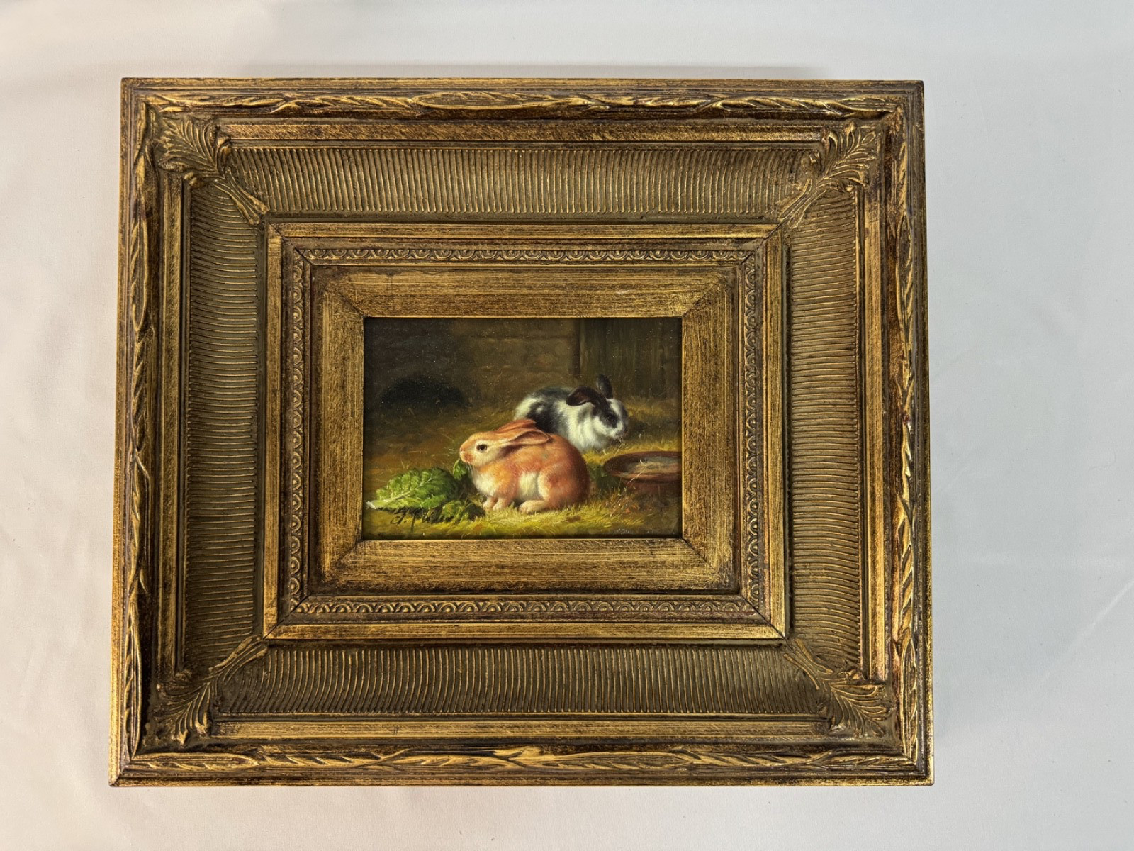 Gilded Framed Signed Medium Sized Oil Painting Bunny Rabbit’s Antique Style chic