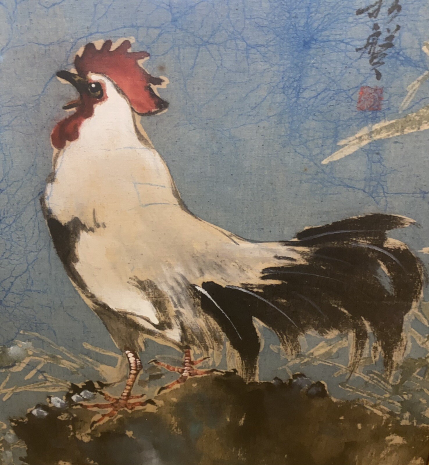 Signed Original Painting Chicken Crowing Rooster 27.5×21.5 Lee Man Fong?