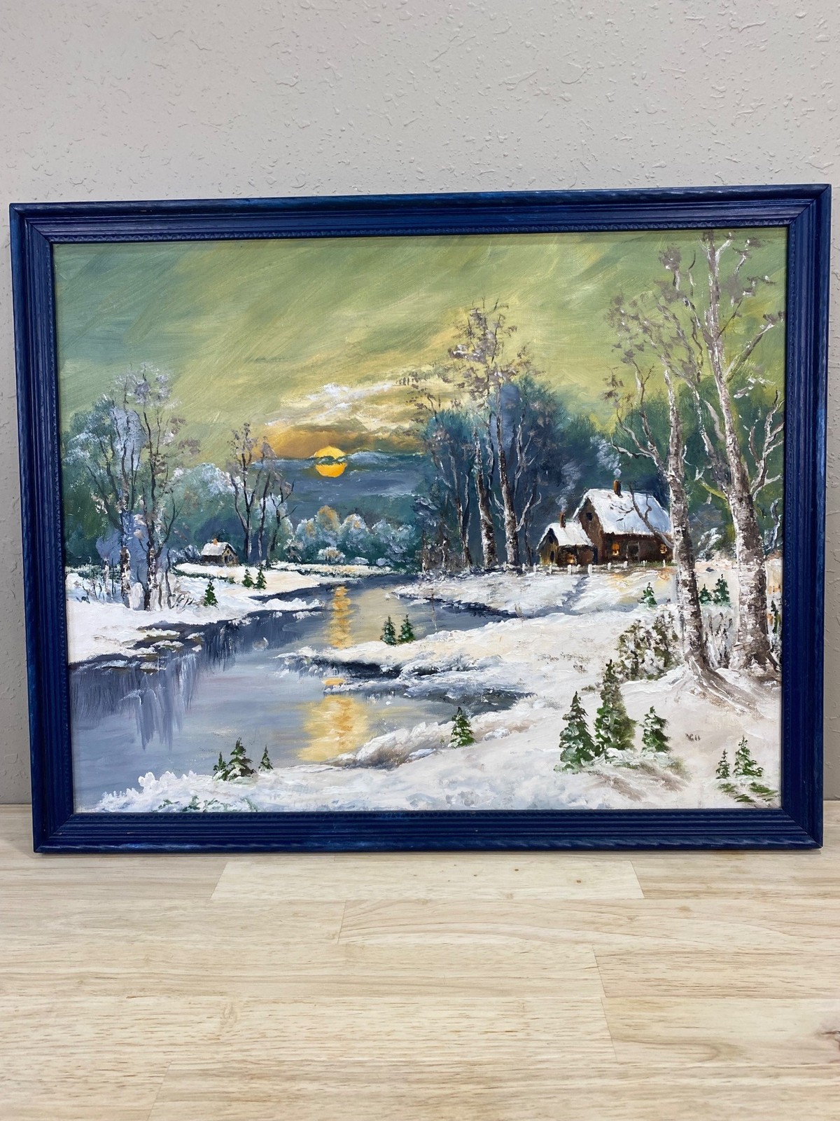 Winter Landscape Oil Painting Framed Snowy Cabin Scene Sunset Reflection Hand Pa