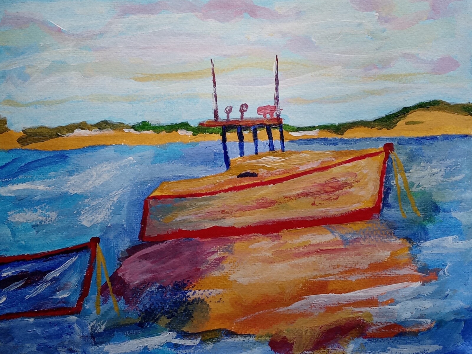 Impressionistic 11×14 Colorful fishing boat, Acrylic Hand Made Art Painting