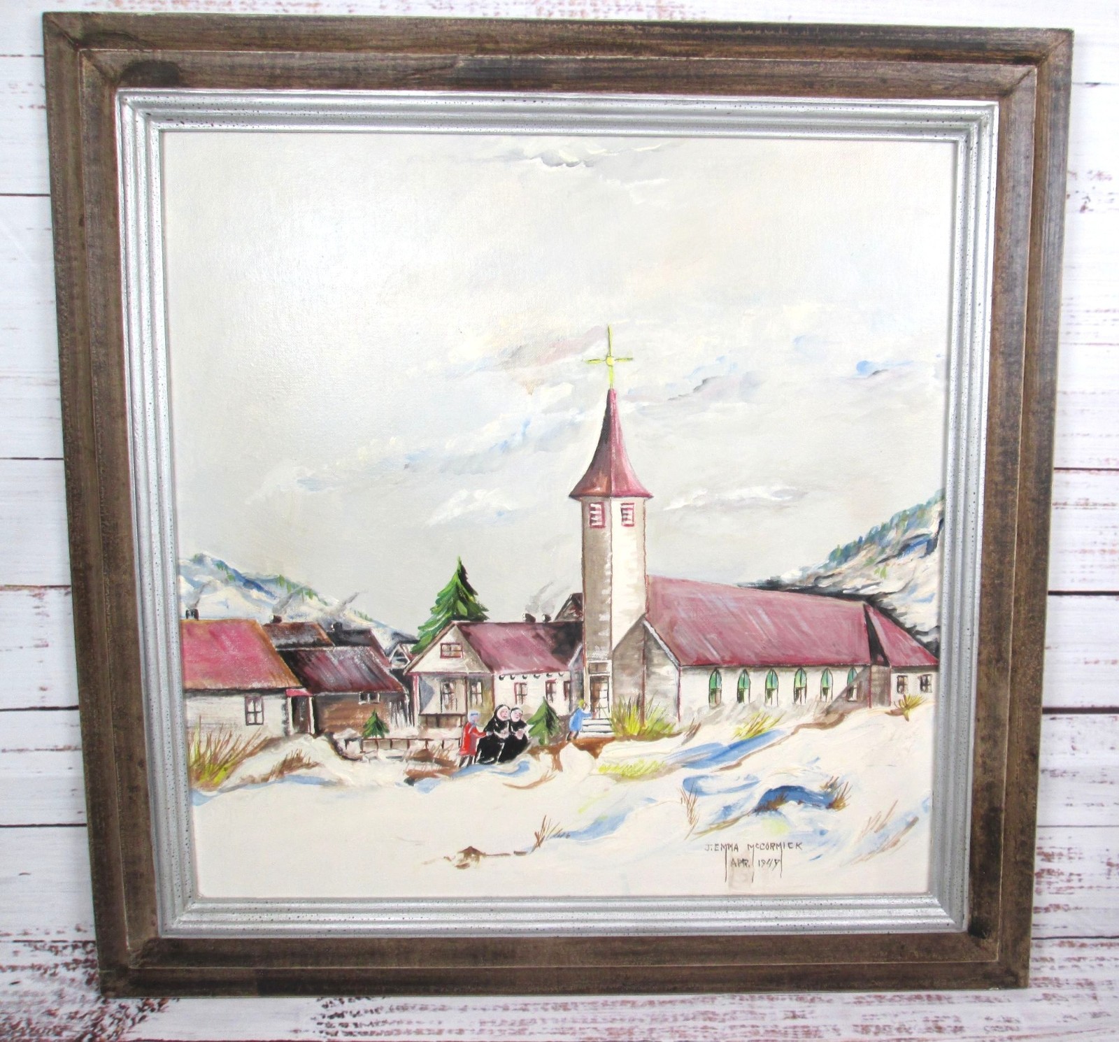 Vintage 40s Original Oil Painting Folk Art Winter Village Church Nun Naive Frame
