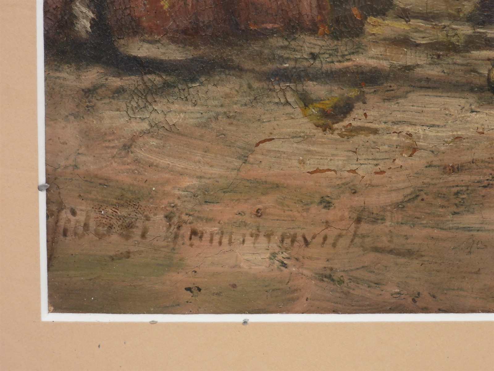 19thC. Illegibly Signed European Woman At Well W/ Chickens Landscape Painting