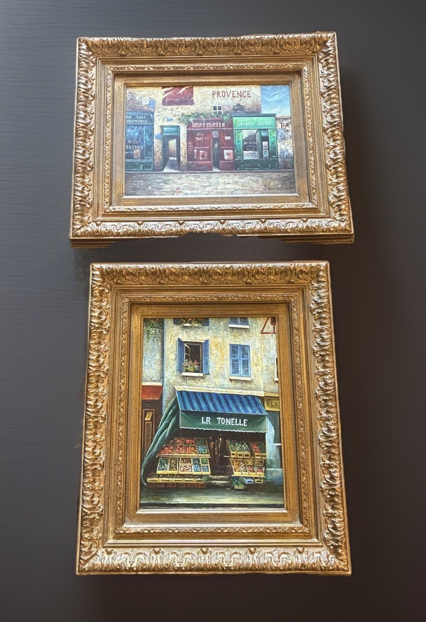 VTG Colorful French Village Business Fronts, 2 Acrylic Paintings Original Signed