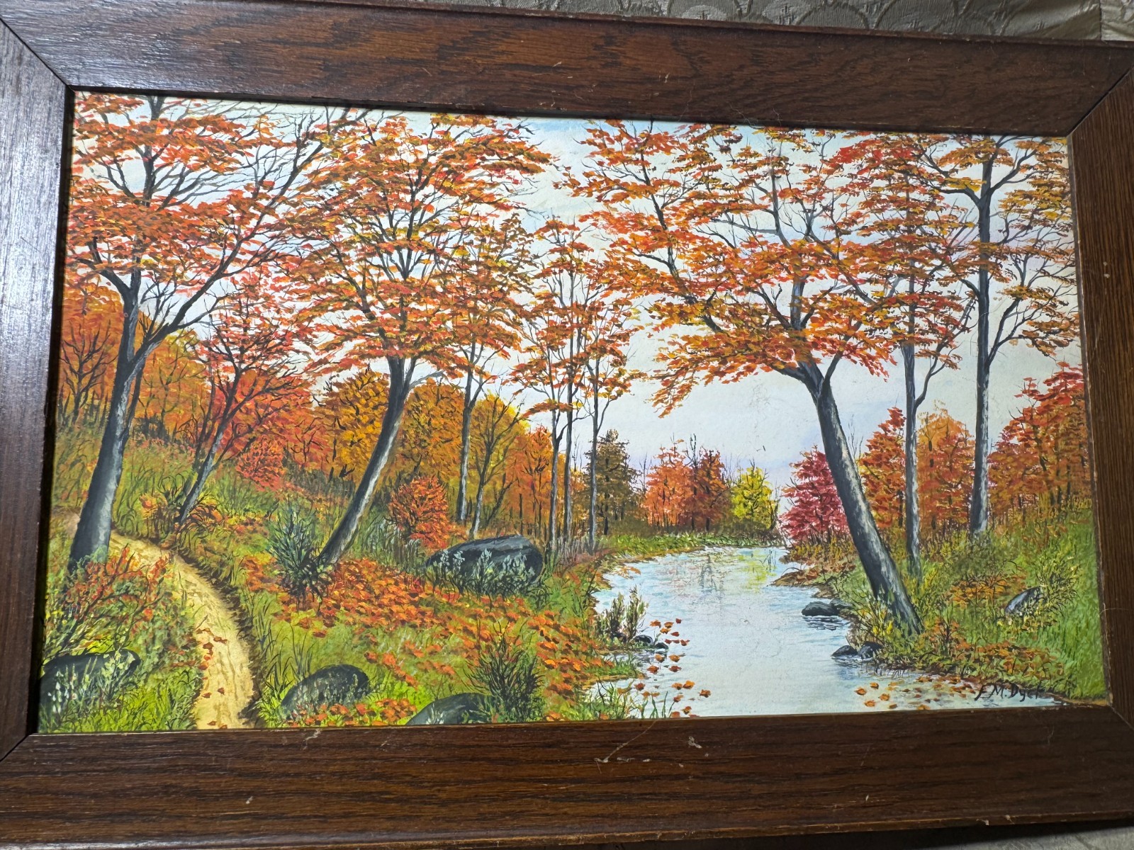 Vintage F.M Dyer «Fall River Landscape Scene» Oil Painting – Signed And Framed