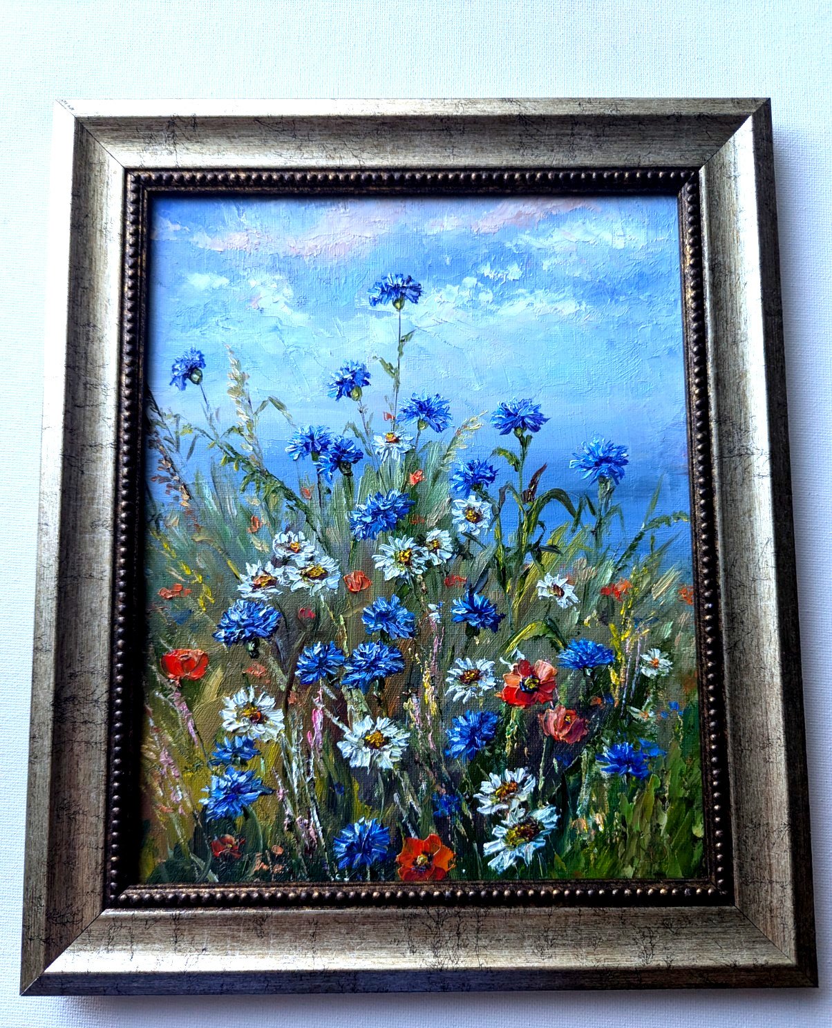 Cornflowers, Daisies, Poppies ORIGINAL OIL Painting WILDFLOWERS impasto 10″x 8″