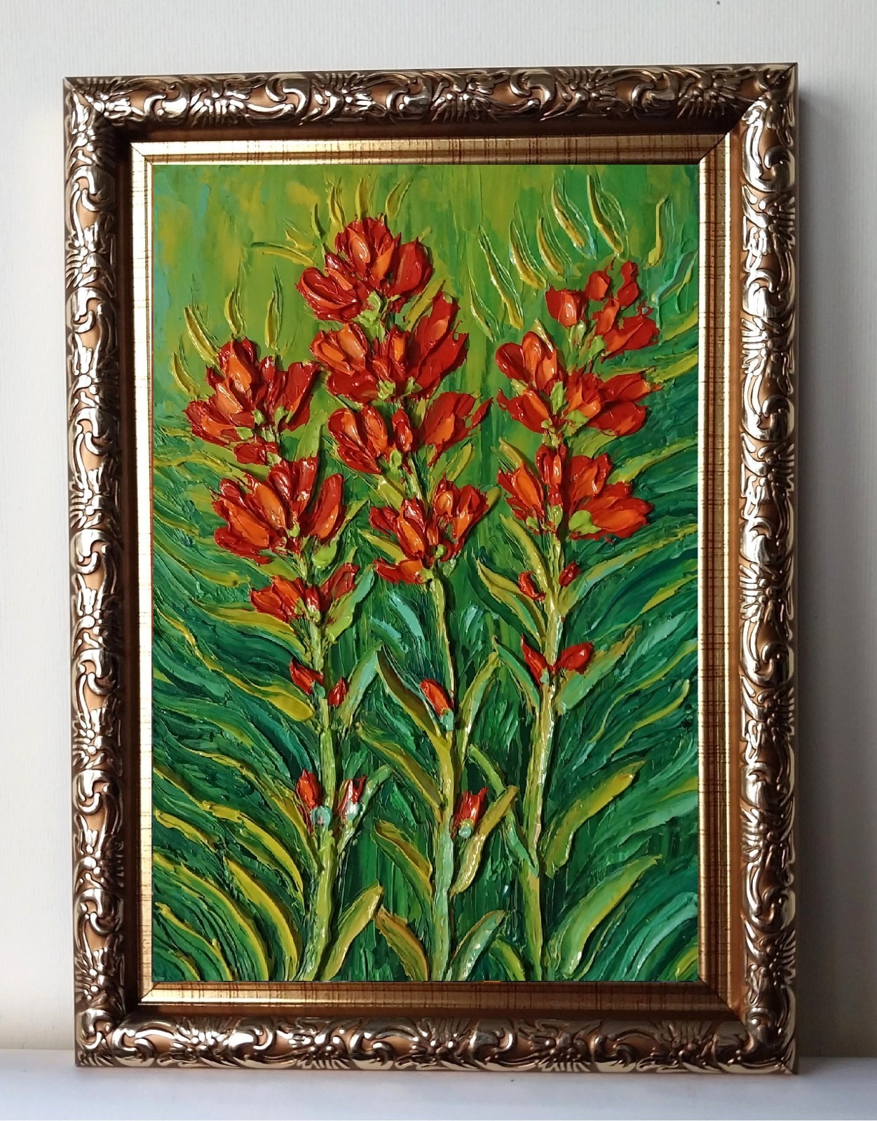 Framed Indian Paintbrush Flower American Wildflowers 4×6″ Oil Painting Original