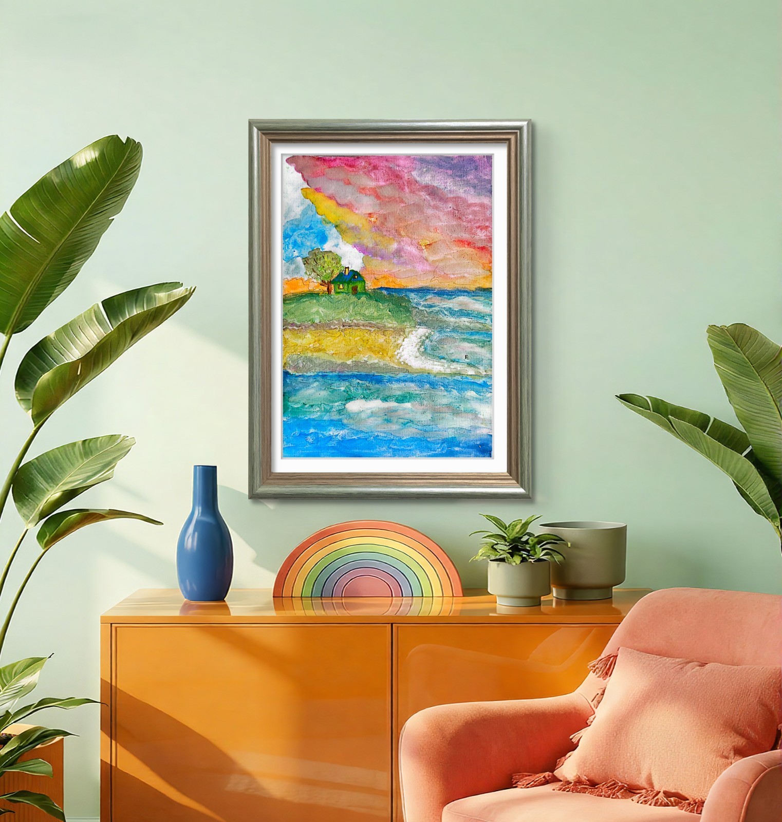 Sunset Seaside Cottage Contemporary Expressionist Original 9×12 Watercolor