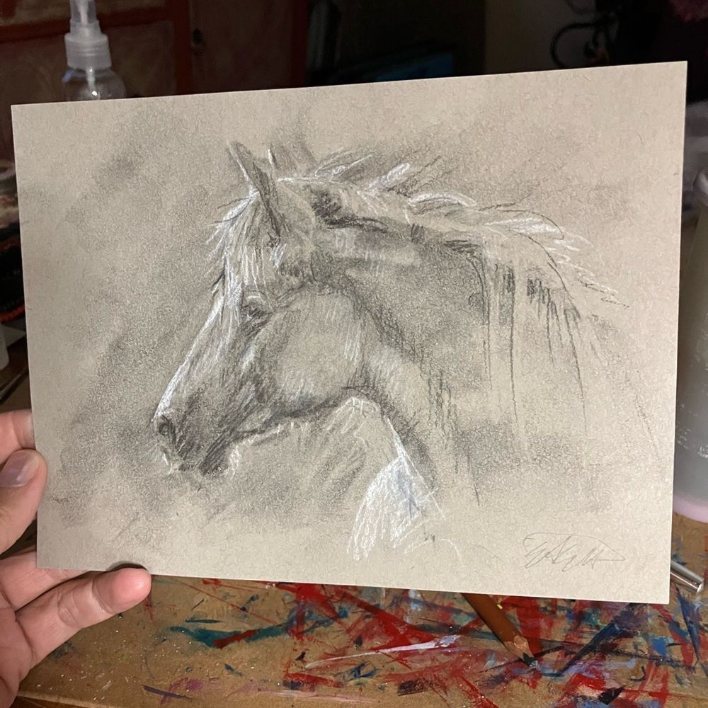 Original Horse Painting Mule equestrian western Art charcoal pastel By Artettina