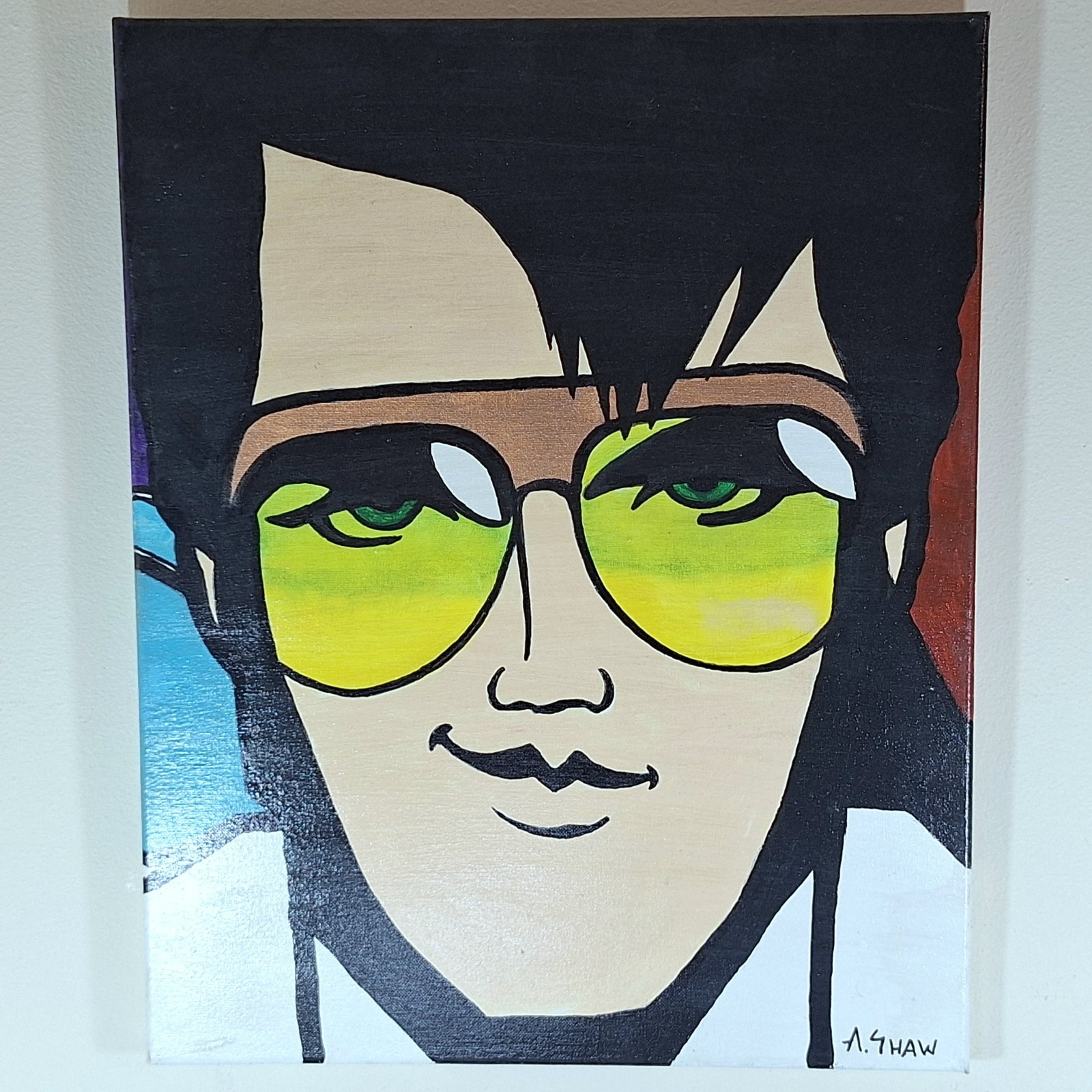 Original Pop Art ELVIS PRESLEY Painting by A. SHAW Signed Large 16″x20″ Canvas