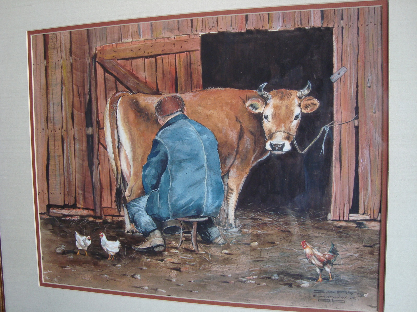 Original Watercolor by GARY HAWK – Kansas, U.S.A. Milking a Cow w/ Provenance
