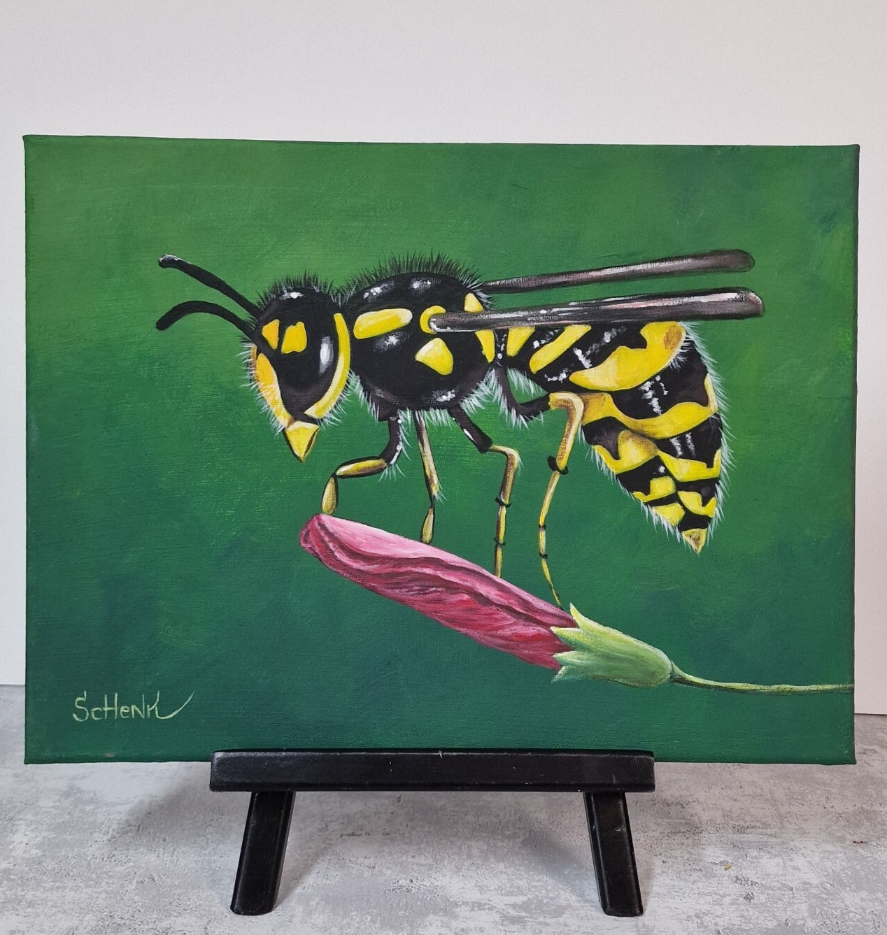Bee Wasp on Flower Acrylic Painting – Insect Wall Art – Nature Realism –Handmade