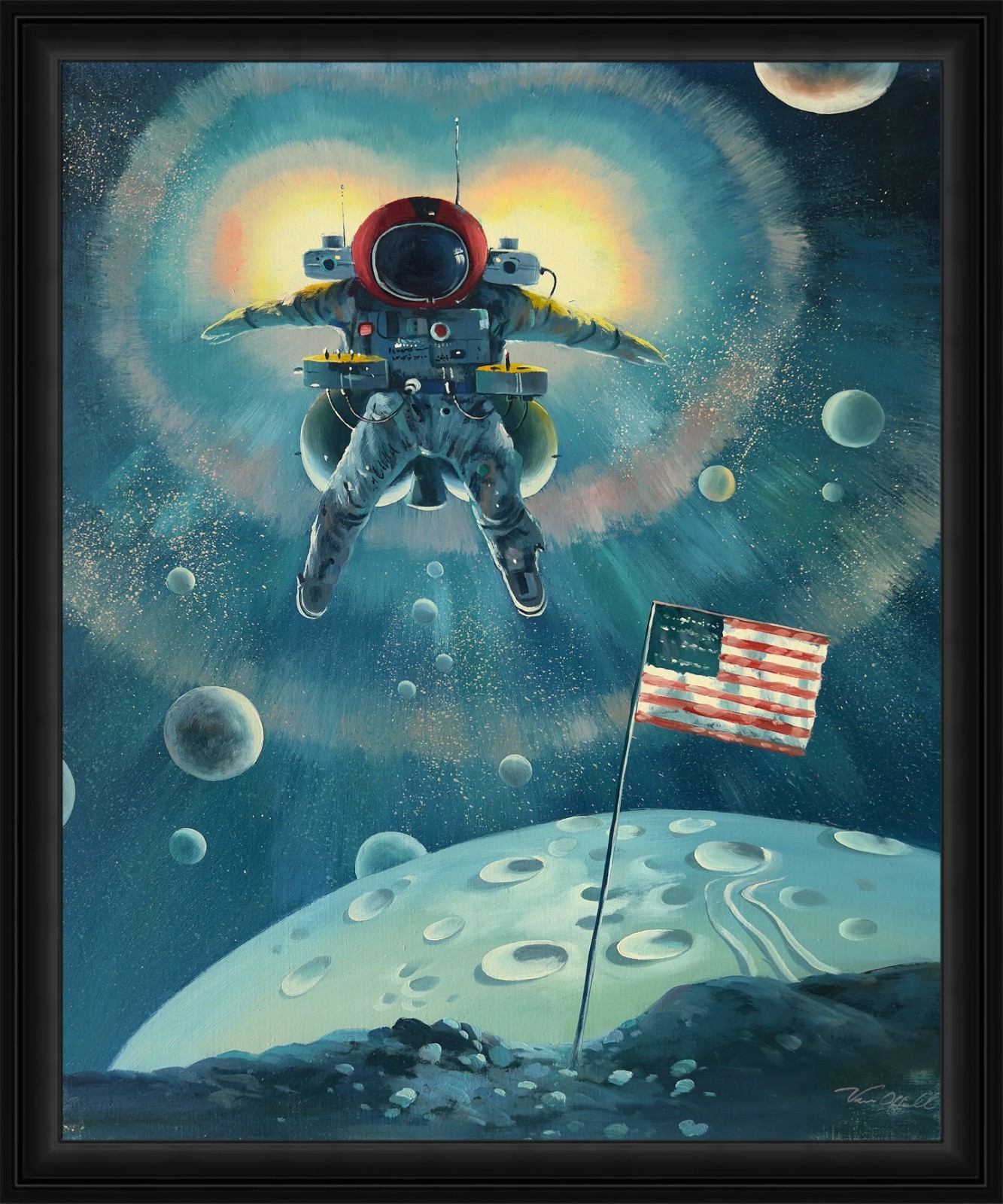 NASA American Astronaut and Moon Flag – 20×24 inch oil painting on canvas