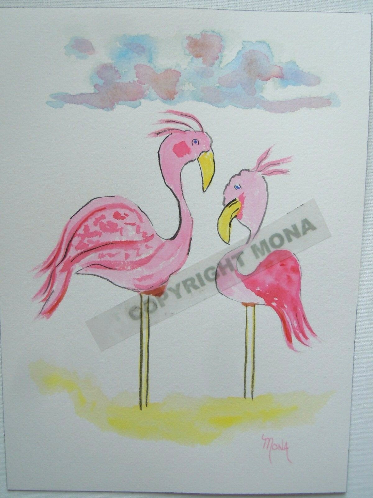 FLAMINGO «MOTHER’S LOVE» 12″ tall x 9″ wide WATERCOLOR NEW ORIGINAL