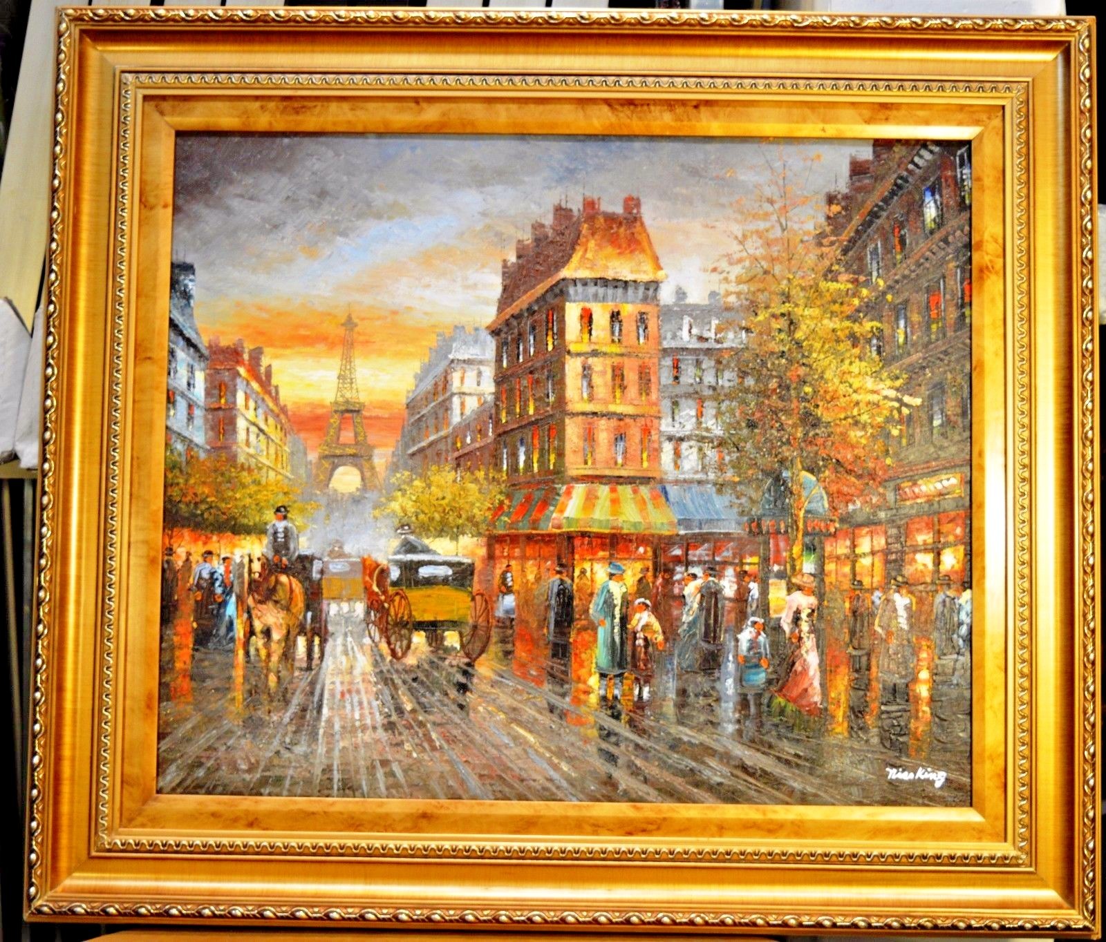 PARIS EIFFEL HORSE WAGON NIGHT VIEW 20X24″ OIL PAINTING DECOR ART GIFT S308