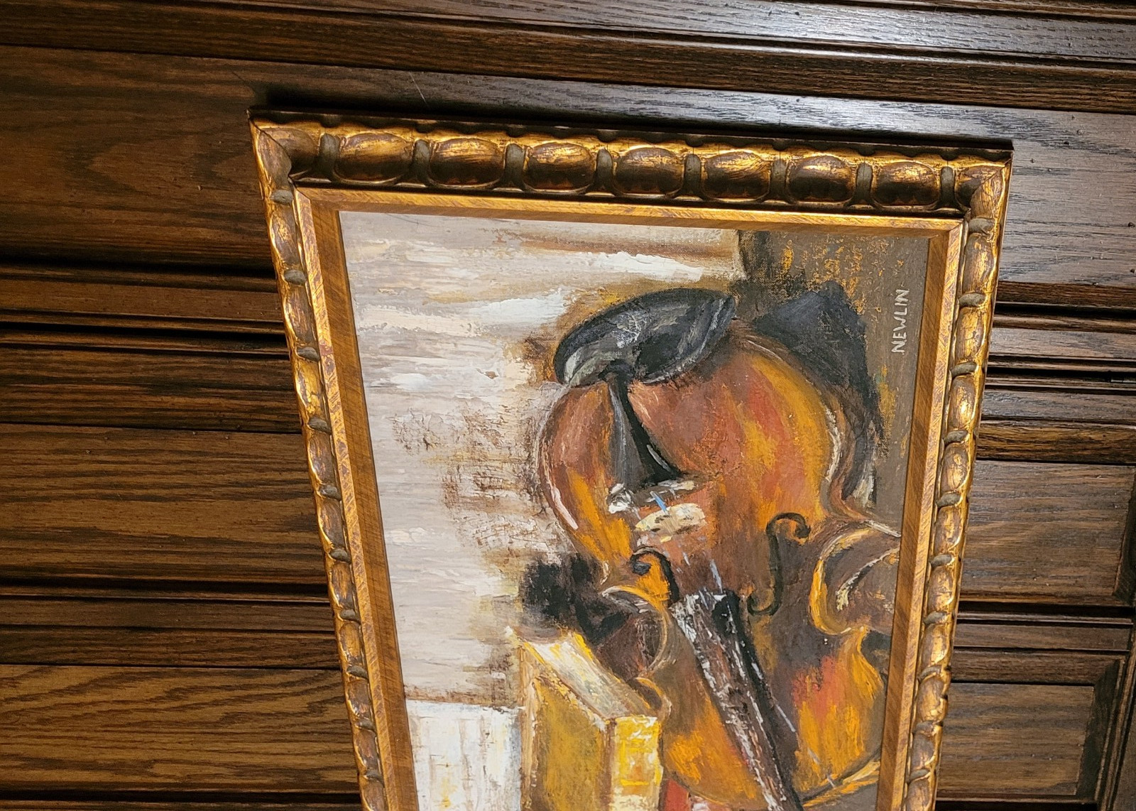 Original Signed Painting Violin Resting on Books, Scalloped Gilt Frame, Newlin