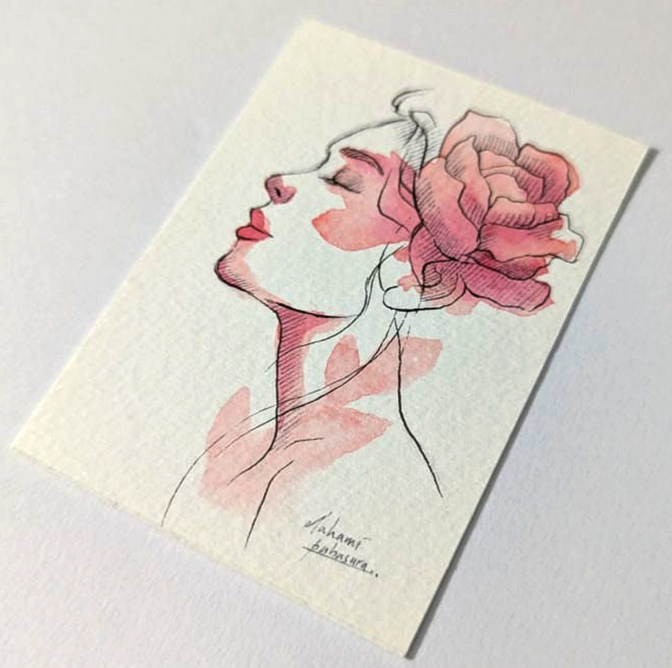 Dreamy Woman with Pink Rose ACEO Original Watercolor OOAK Figurative Fine Art