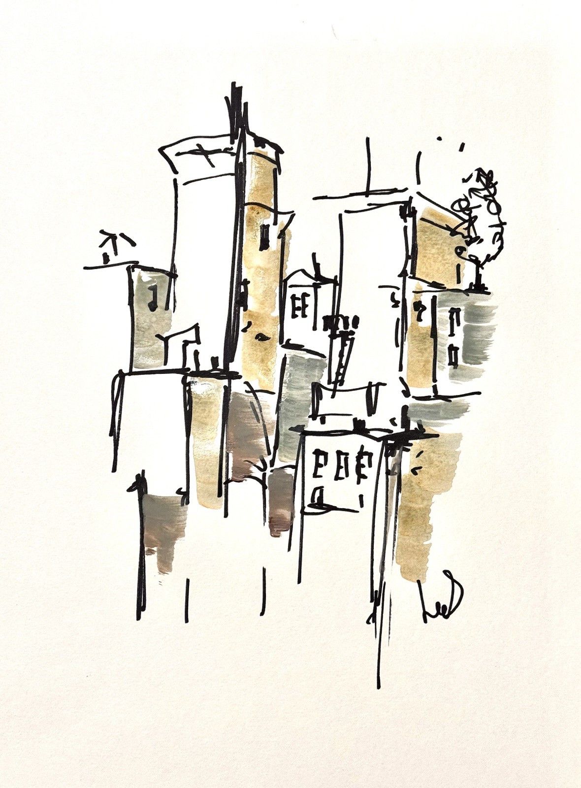 Original Abstract Expressionism 9×12 City Hand Drawn Unique Signed Fine Art 25