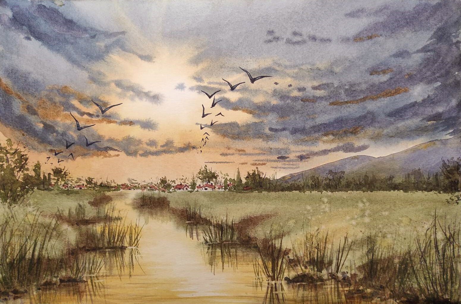 GEESE FLYING CLOUDY SKY Original Artwork Painting Landscape DUCKS FLY SUN GiftA4