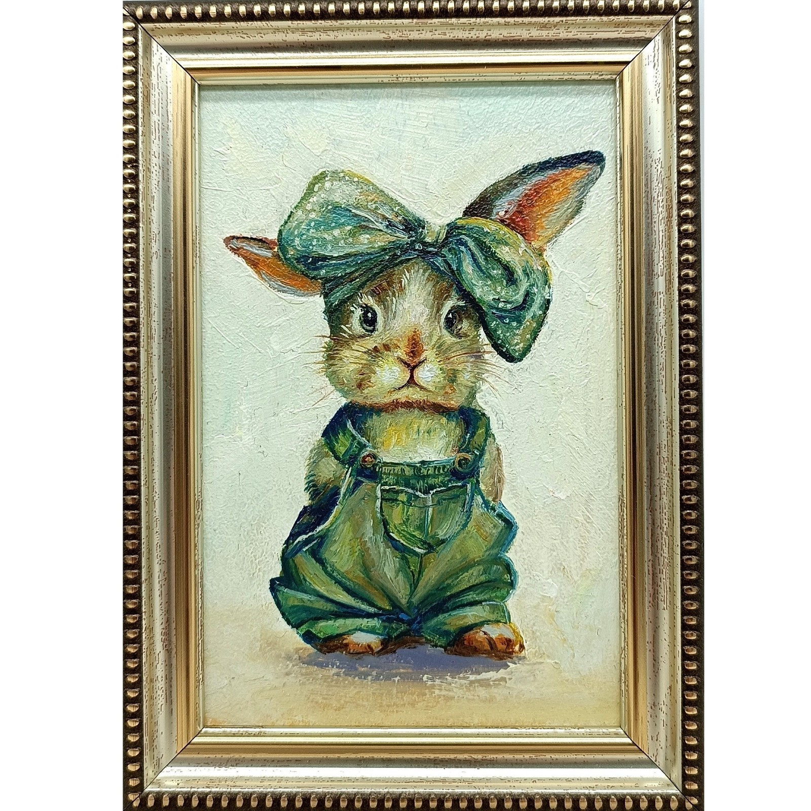 Bunny in Overalls Original Oil Painting 4×6 Framed Signed Cute Rabbit Baby Art