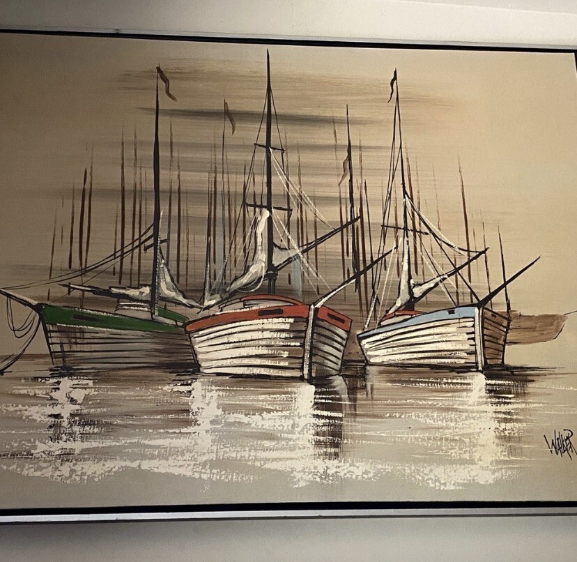 fishing boats signed by walker oil painting on canvas dimensions :41 x 2 x 31”