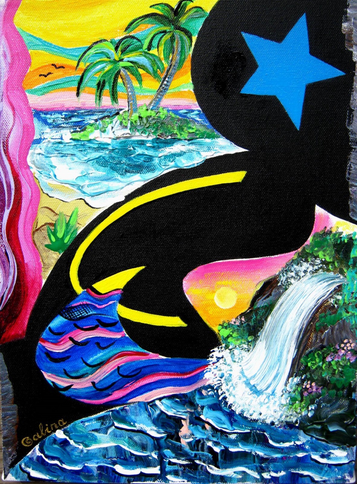 Tropical dream – 9×12″ acrylic original painting collage on stretched canvas