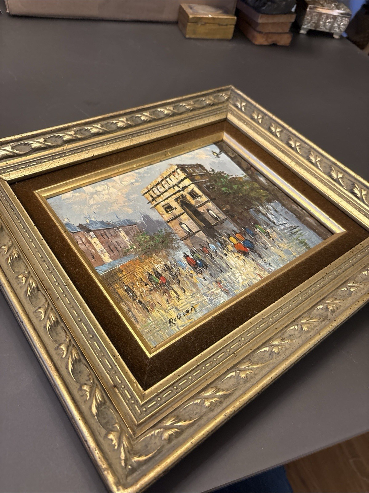 Original Signed Impressionist Oil Painting Cityscape Figures Framed