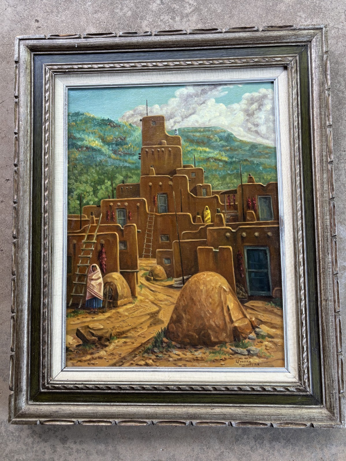Eugene Predika Oil on Canvas Native American Pueblo Signed Very Good Condition