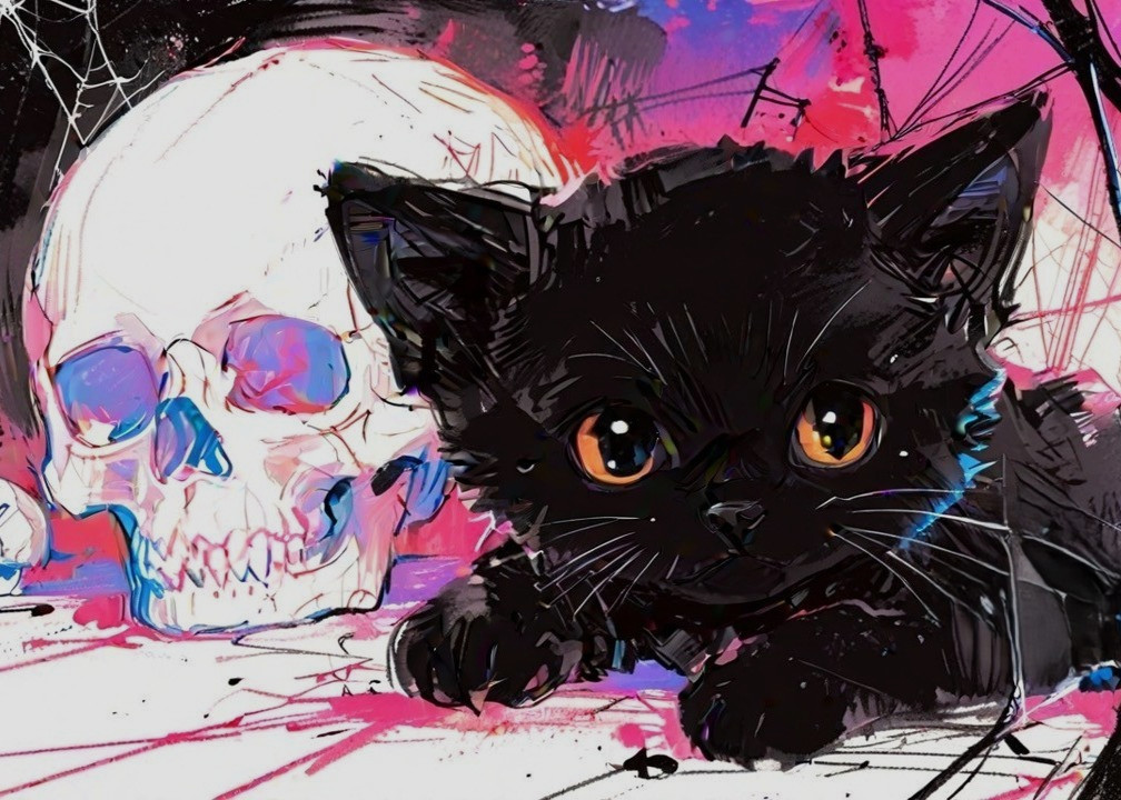 ACEO Mini *Art Print* Black Cat Baby Kitten Halloween Skull Spider Web – Saulite