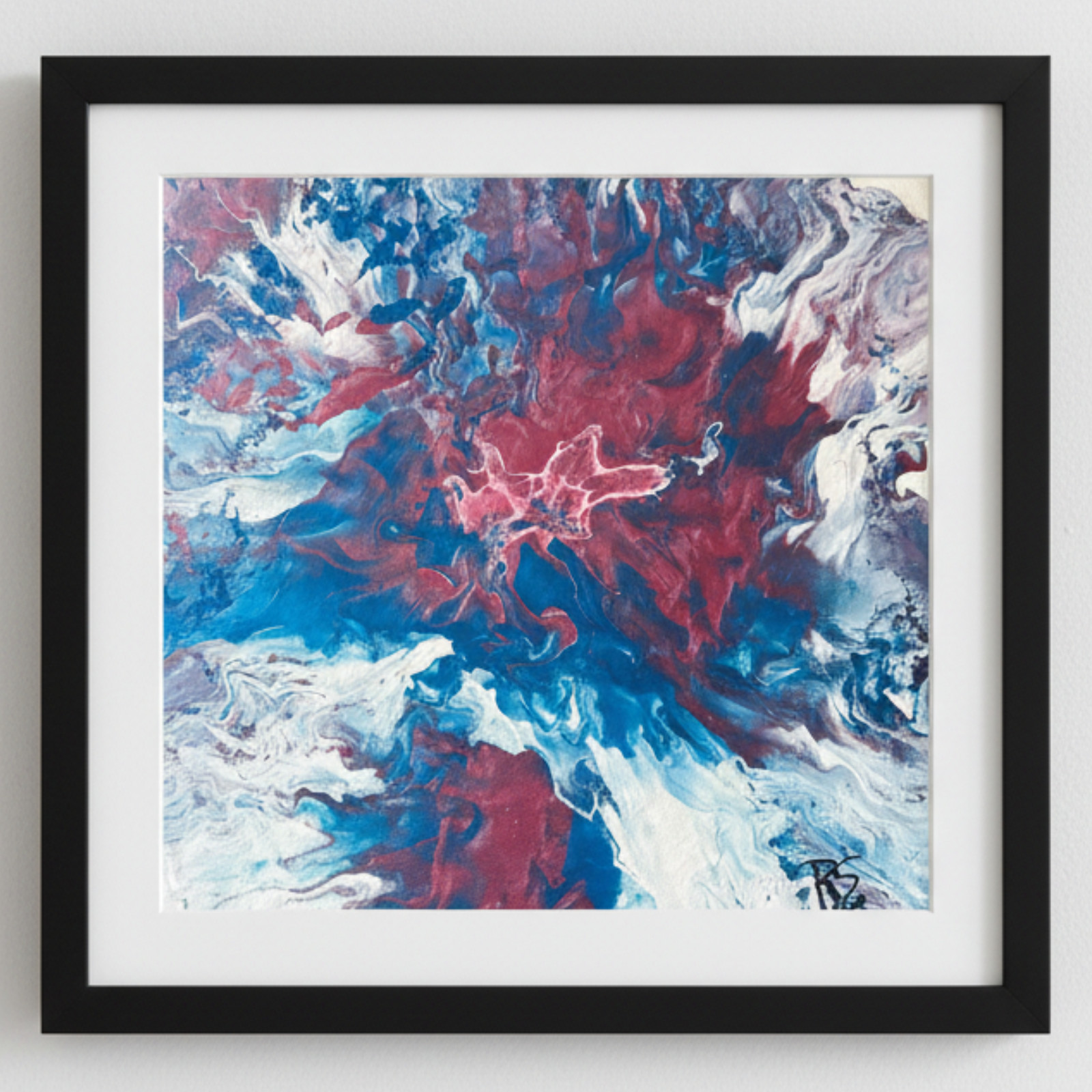 Original Acrylic Pour Painting Blue Dusty Pink White «Exploded» Canvas 12×12