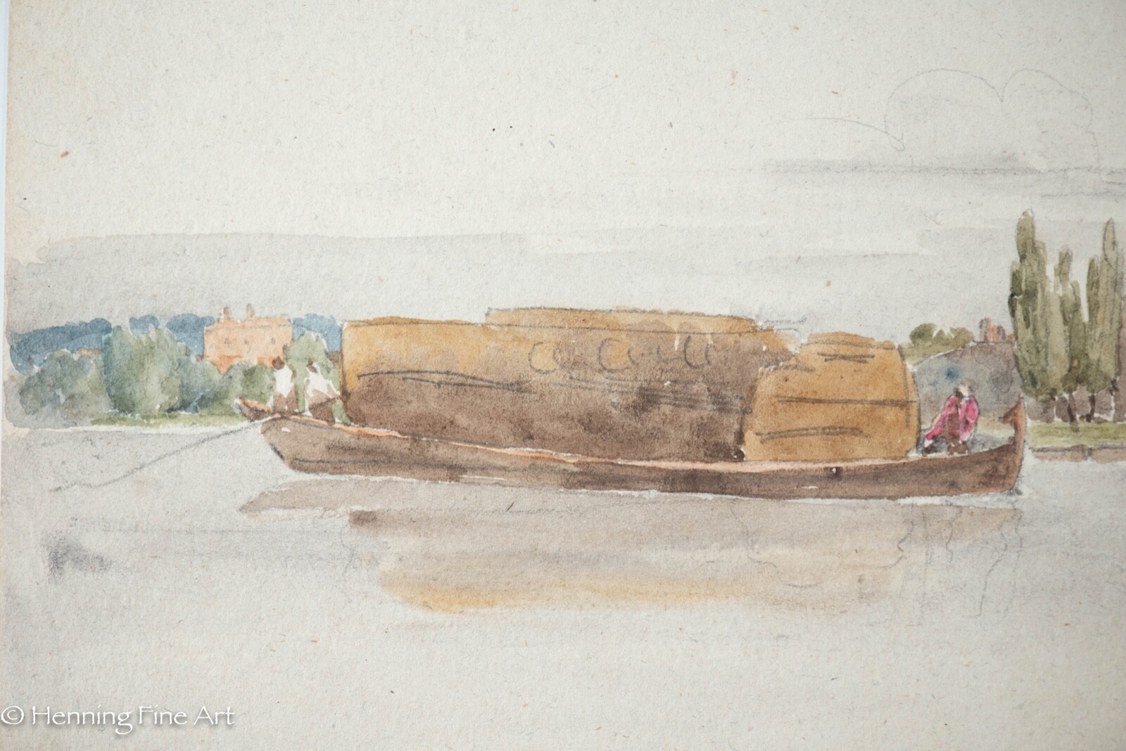 Antique Middle Eastern Watercolor Coastal Riverscape w/ City, Fine Verso C. 1810