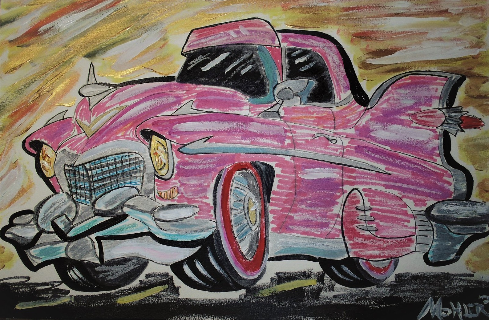 Automotive art «Pink Caddy» 17×12 acrylic on hard paper Alexander Mohler