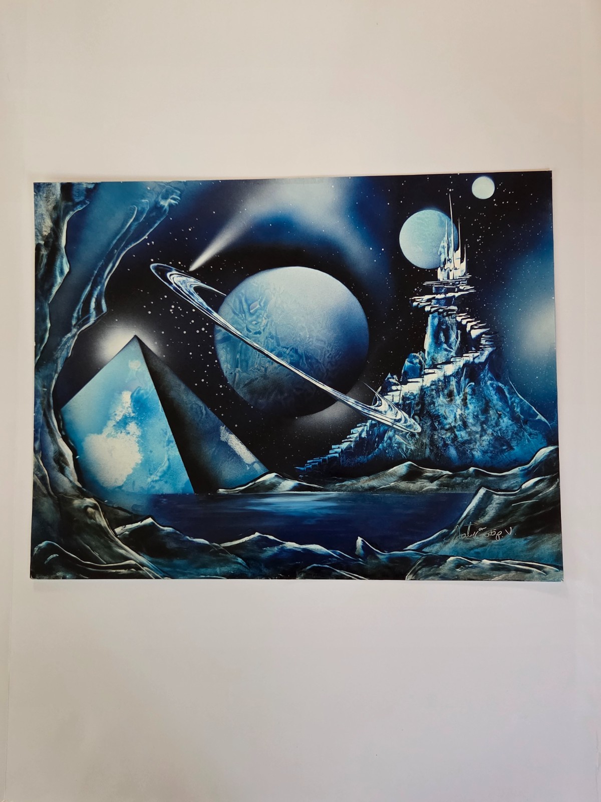 Original Blue Spray Paint Space Art – Sci-Fi Galaxy City Planets (One of a Kind)