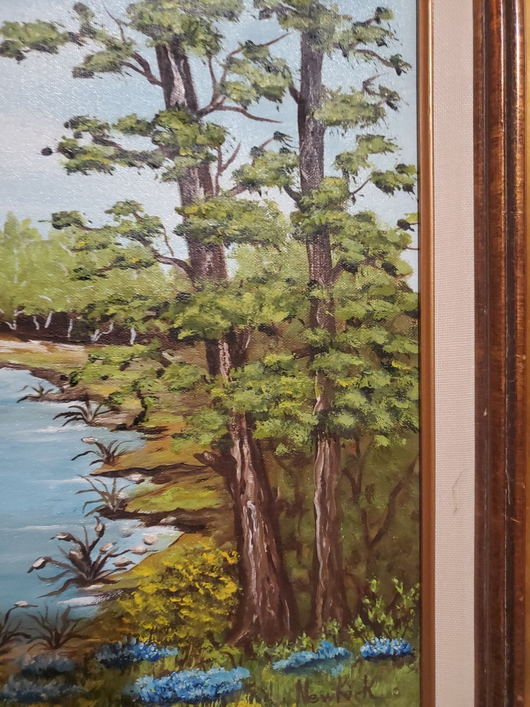 Original oil painting Vibrant!!! Blue Flowers Pond Forest Landscape SIGNED