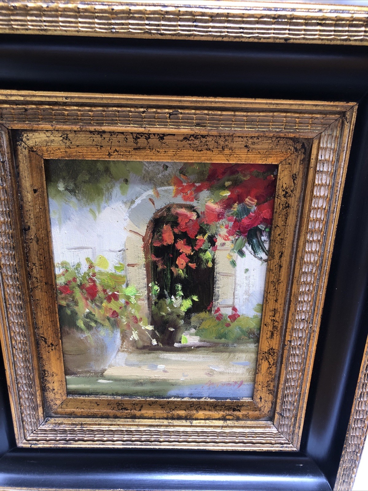 Framed Oil Painting – Rustic Doorway & Flowers – Signed