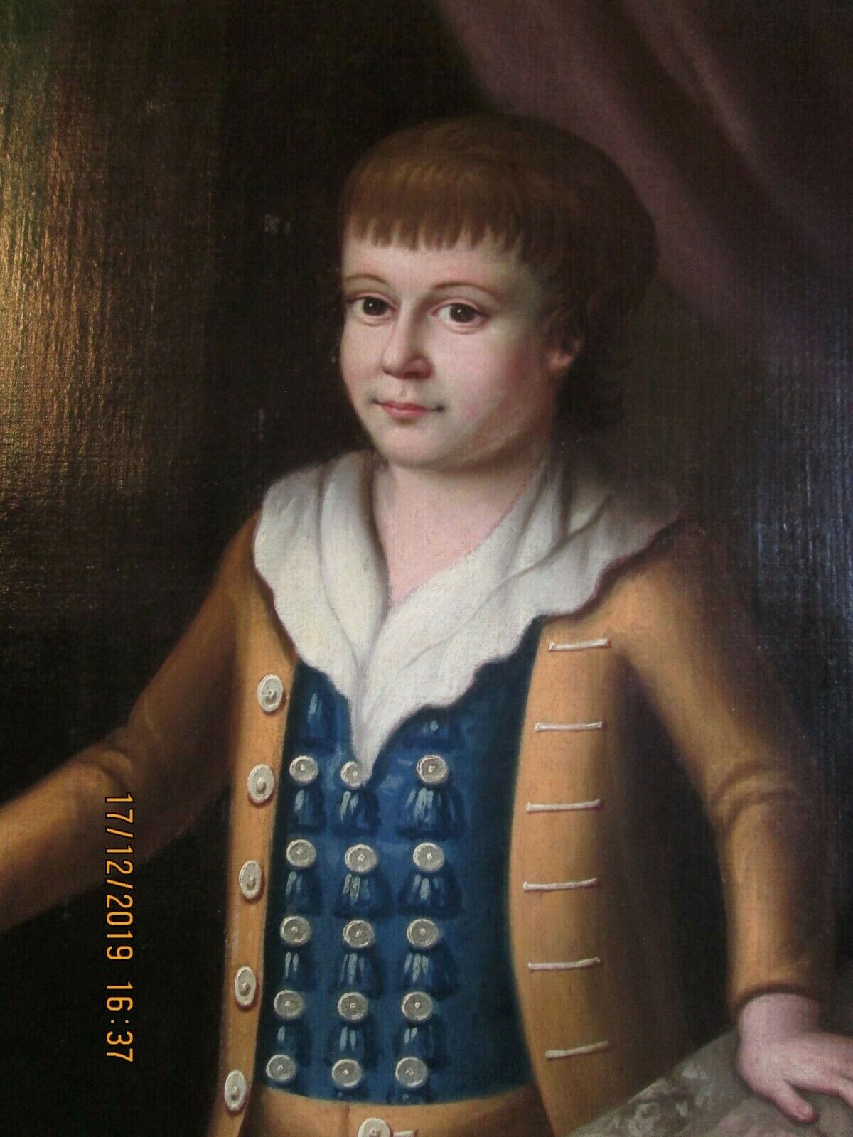 Lt. 1700’s 36″ x 50″ FRAMED 18TH C.AMERICAN PORTRAIT PAINTING O/C BOY W/DOG