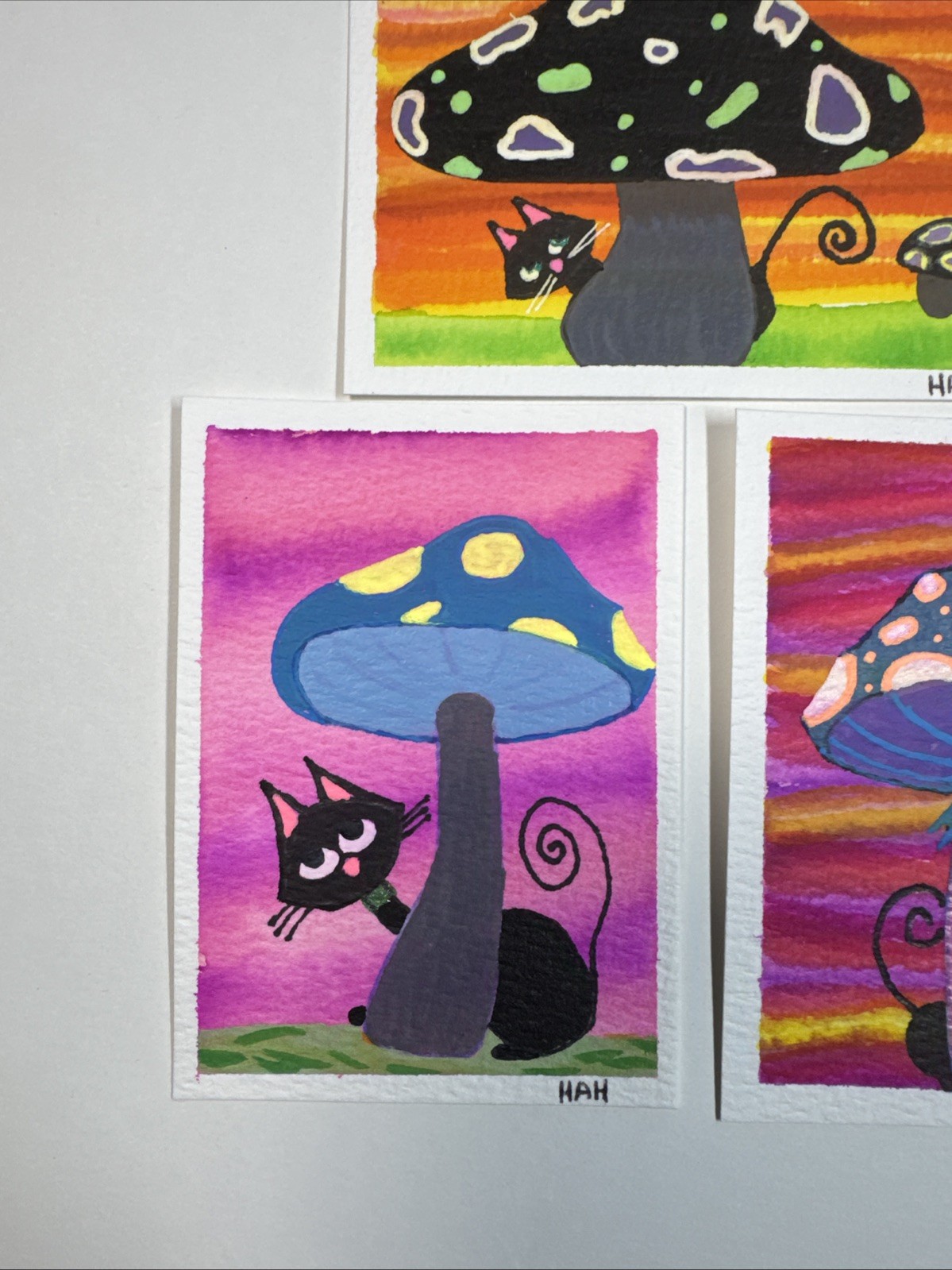 ACEO Set Of 3 Mixed Medium Mini Paintings Abstract Cats With Big Mushrooms