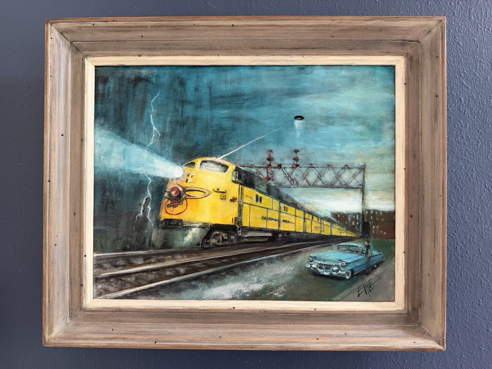 Mid Century Train, Cadillac, UFO Attack Thunder Storm! Original Painting By Ehle
