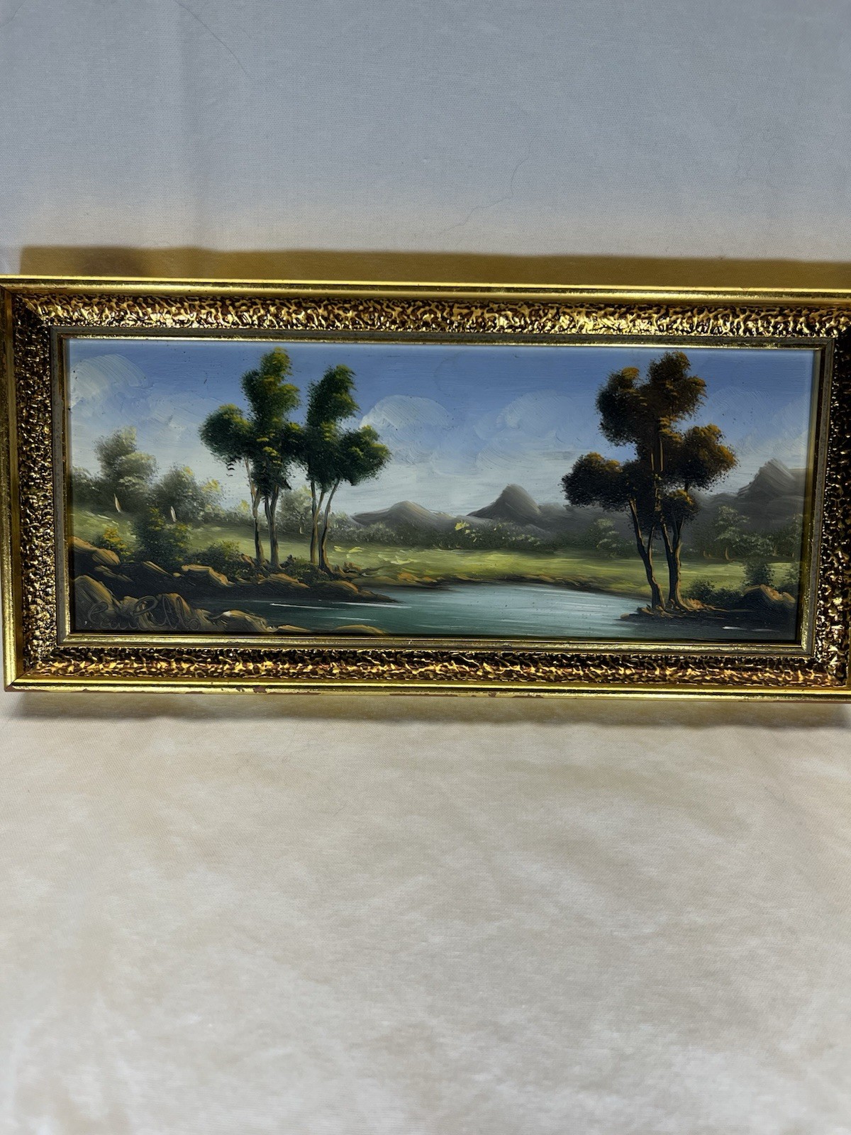 COLLECTOR Original Oil Painting signed CAMPILLO RiverMountainLandscape 9″x3 1/2″