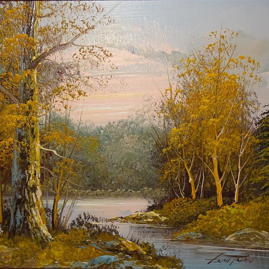 1980s Autumn Landscape Oil Painting Fall Foliage Trees Stream Sunset 22×17.75
