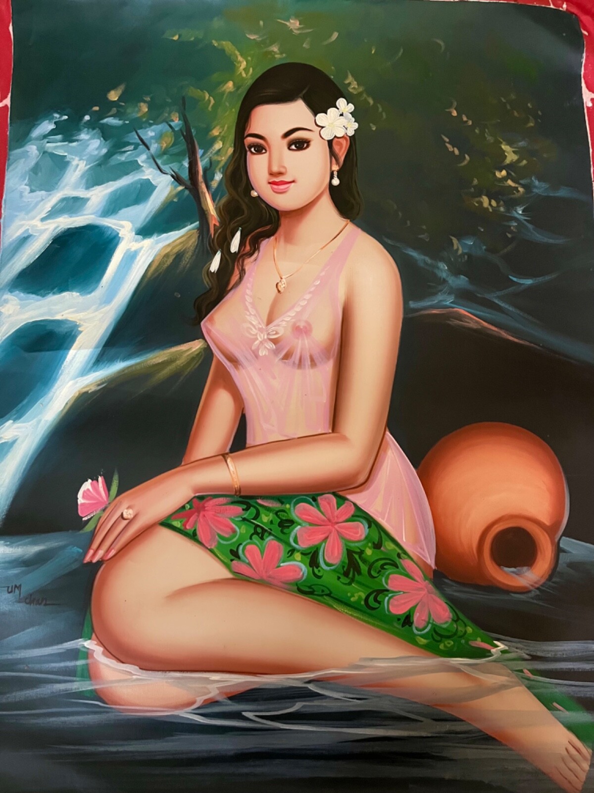 BEAUTIFUL CAMBODIAN / KHMER Lady OIL PAINTING 23.5″ X 31” G36