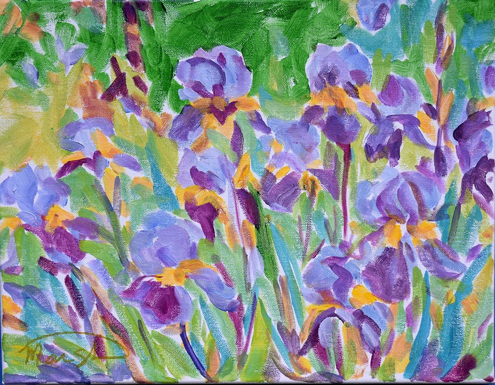 Original 11×14 Impressionism Irises Floral Abstract Acrylic Canvas Signed Decor