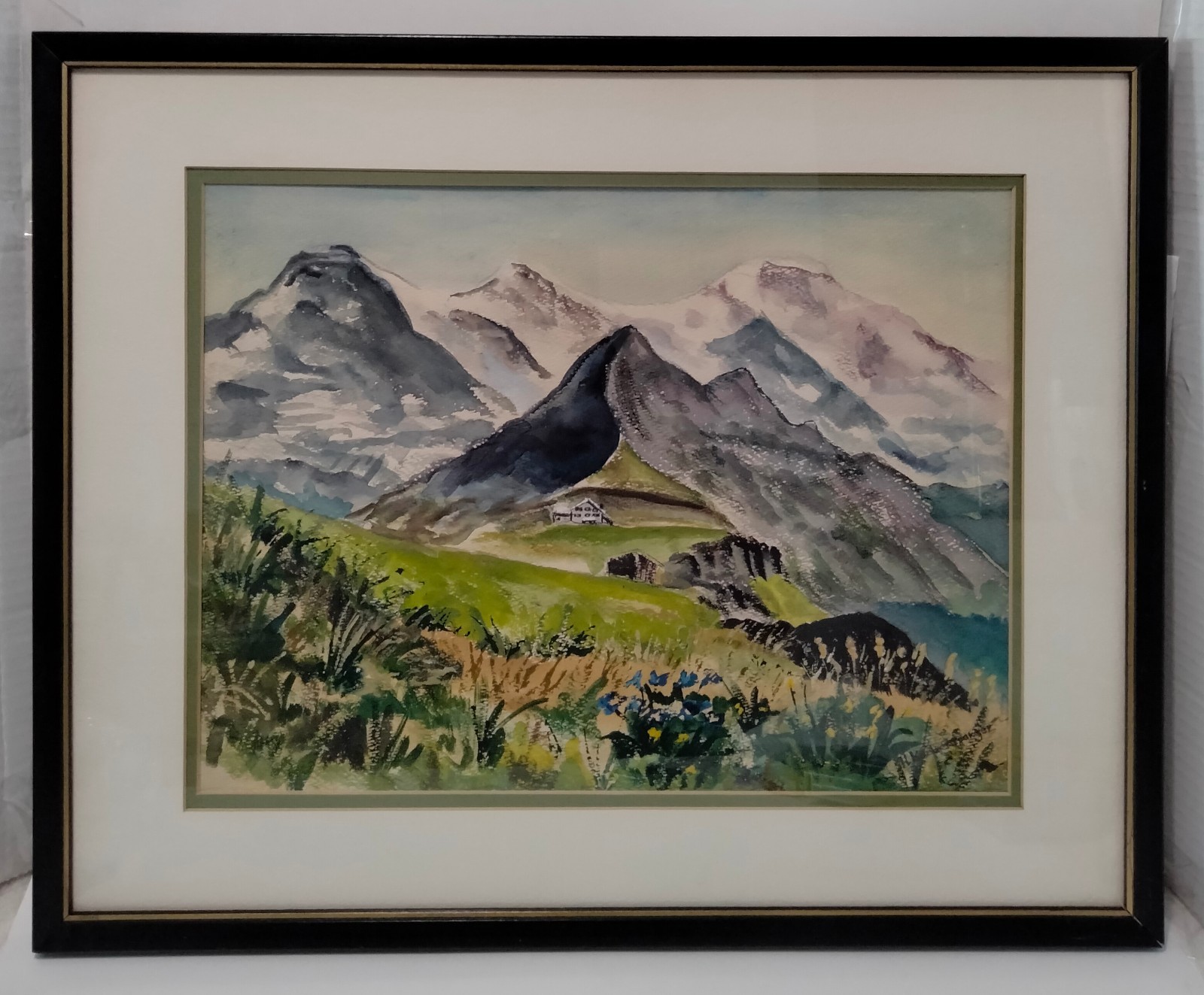 Harriet B. Kochensparger Original Watercolor Cottage Snow Mountain Framed 12×16
