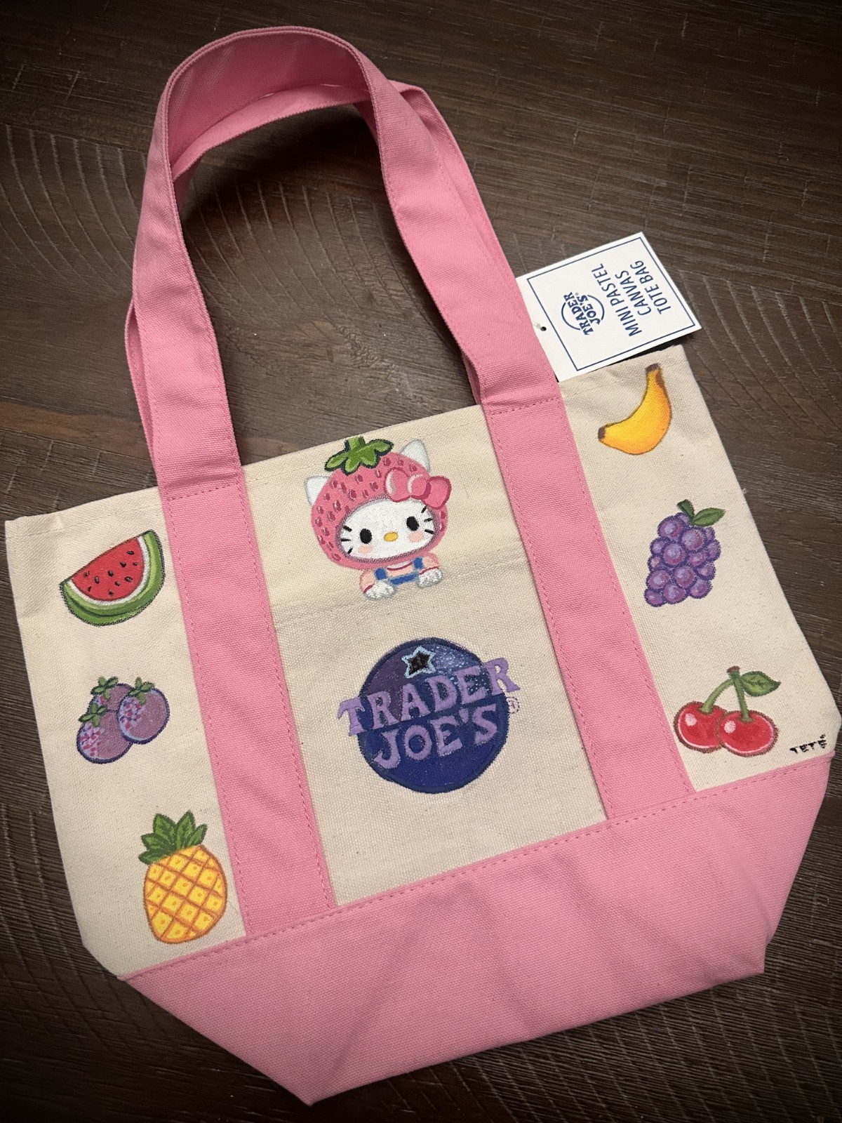 Hand Painted Trader Joe’s Pink Mini Tote Bag «HELLO KITTY FRUIT» Canvas